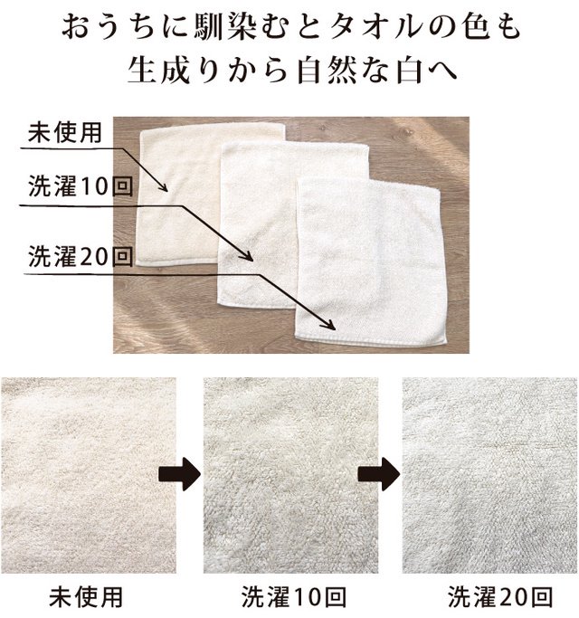 おうちに馴染むとタオルの色も生成りから自然な白へ (未使用→洗濯10回→洗濯20回の比較画像)
