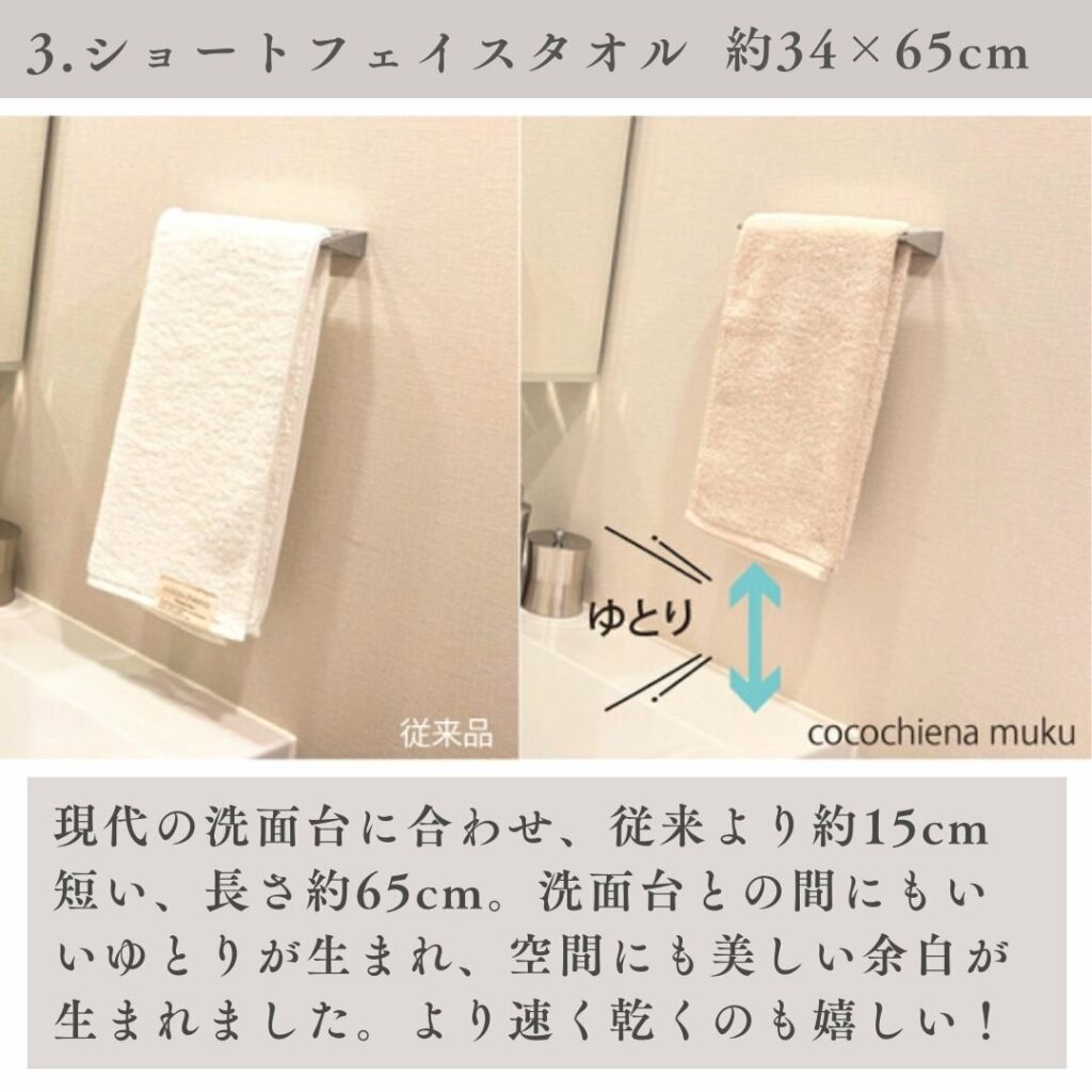 ショートフェイスタオル 約34×65cm 現代の洗面所に合わせ、従来より約15cm短い、長さ約65cm。洗面台との間にもいいゆとりが生まれ、空間にも美しい余白が生まれました。より早く乾くのも嬉しい